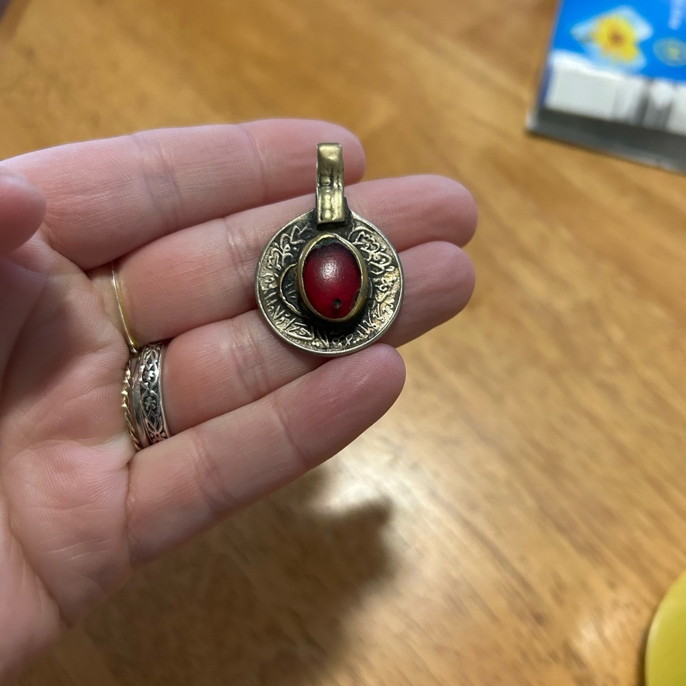 Silver Coin and red stone “kuchi” pendant